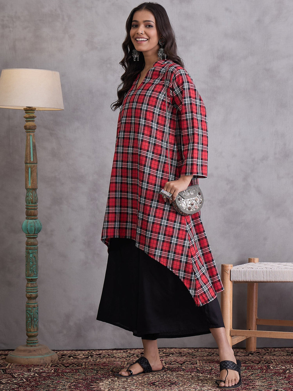 InWeave Red Black Check Black Palazzo Set | Grocsy