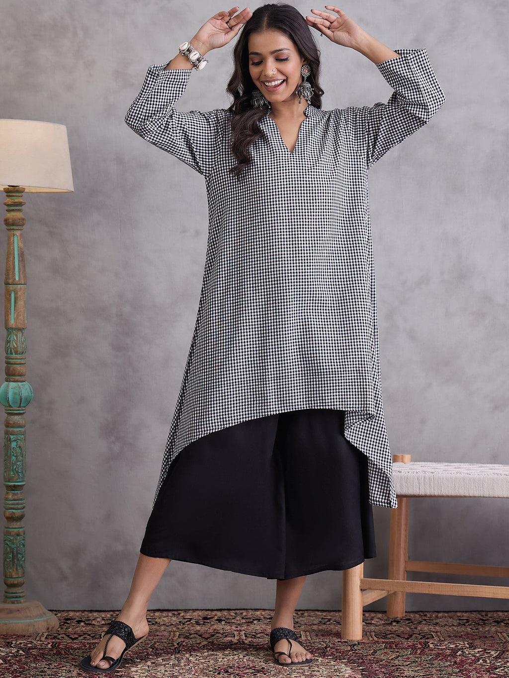 InWeave Black Small Check Black Palazzo Set | Grocsy