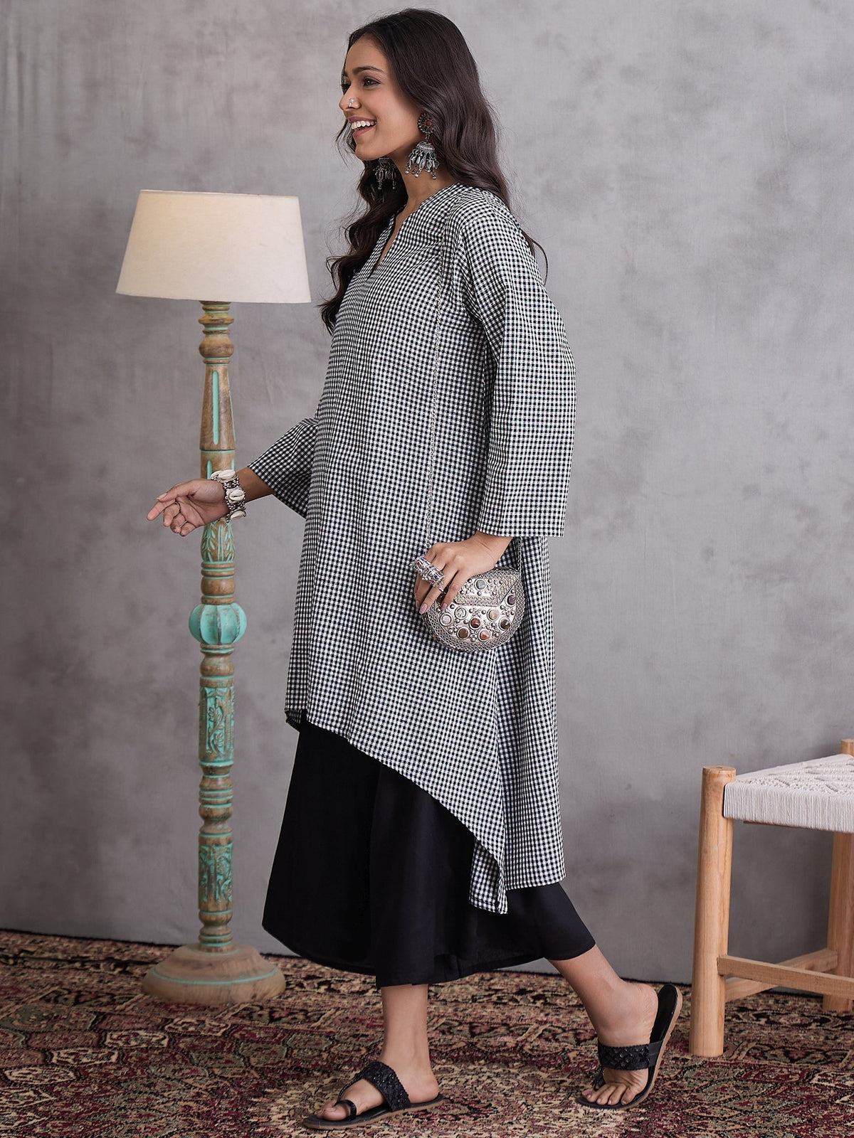 InWeave Black Small Check Black Palazzo Set | Grocsy