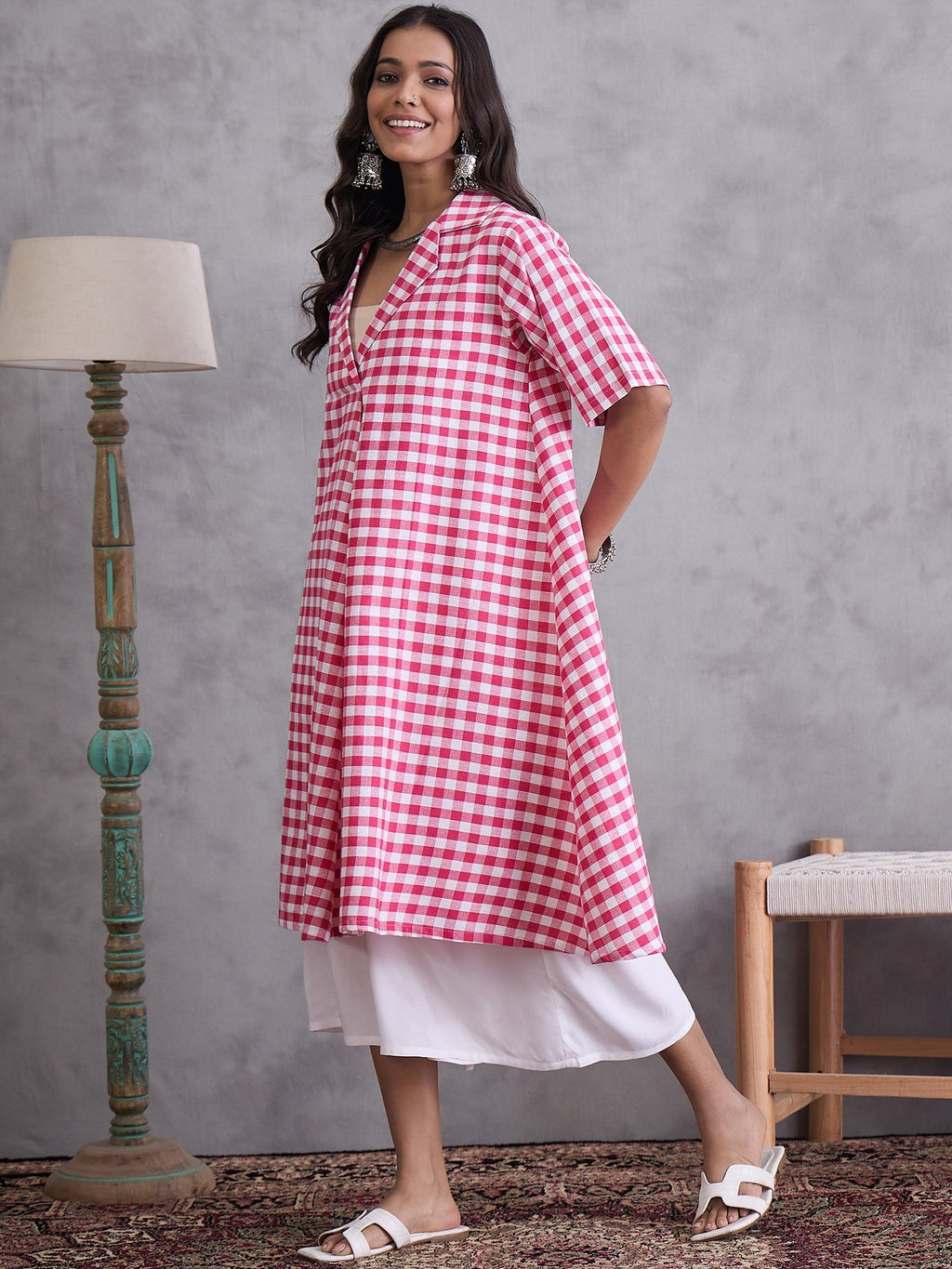 InWeave Pink Big Check Collar Palazzo Set | Grocsy