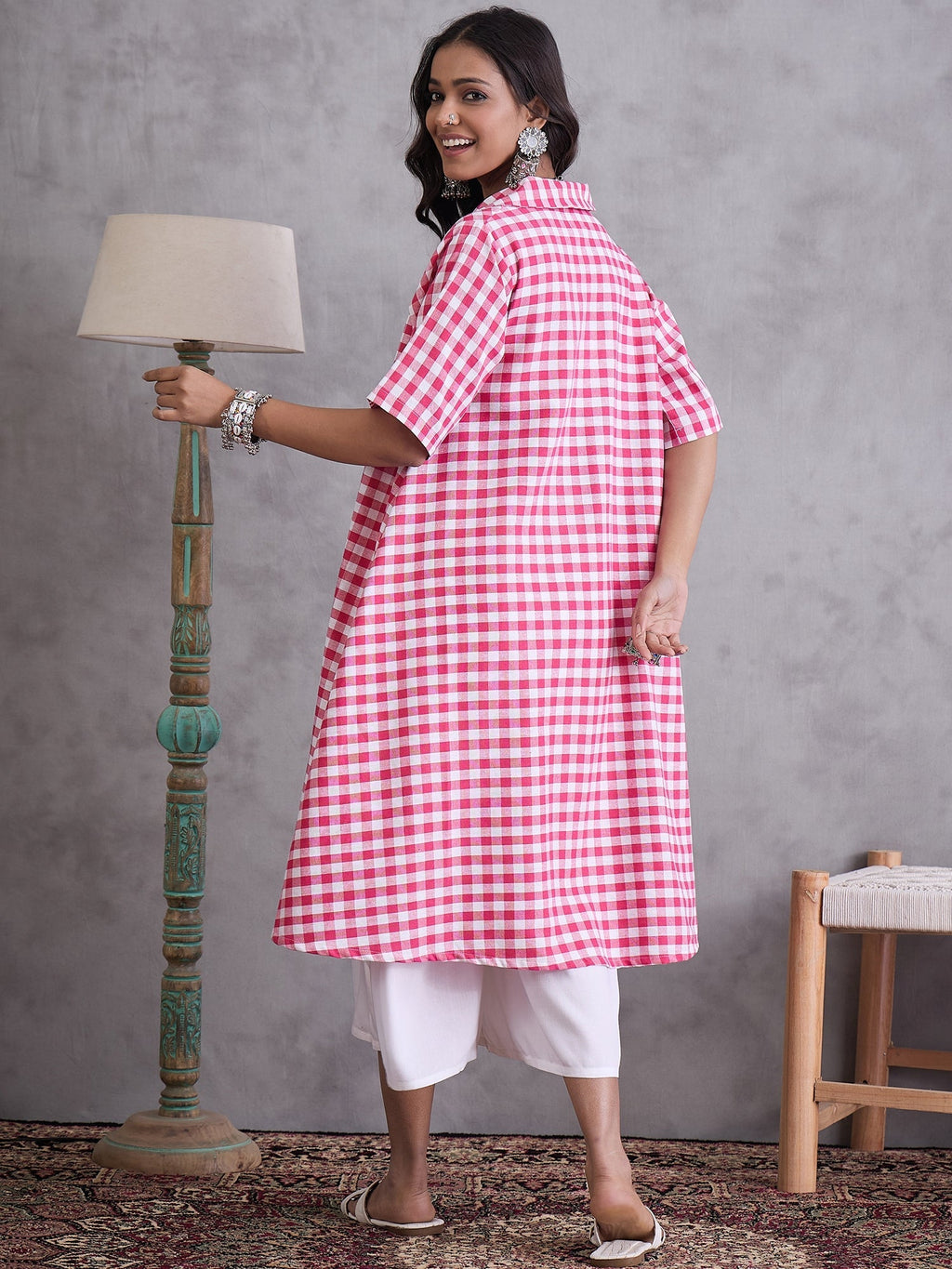 InWeave Pink Big Check Collar Palazzo Set | Grocsy