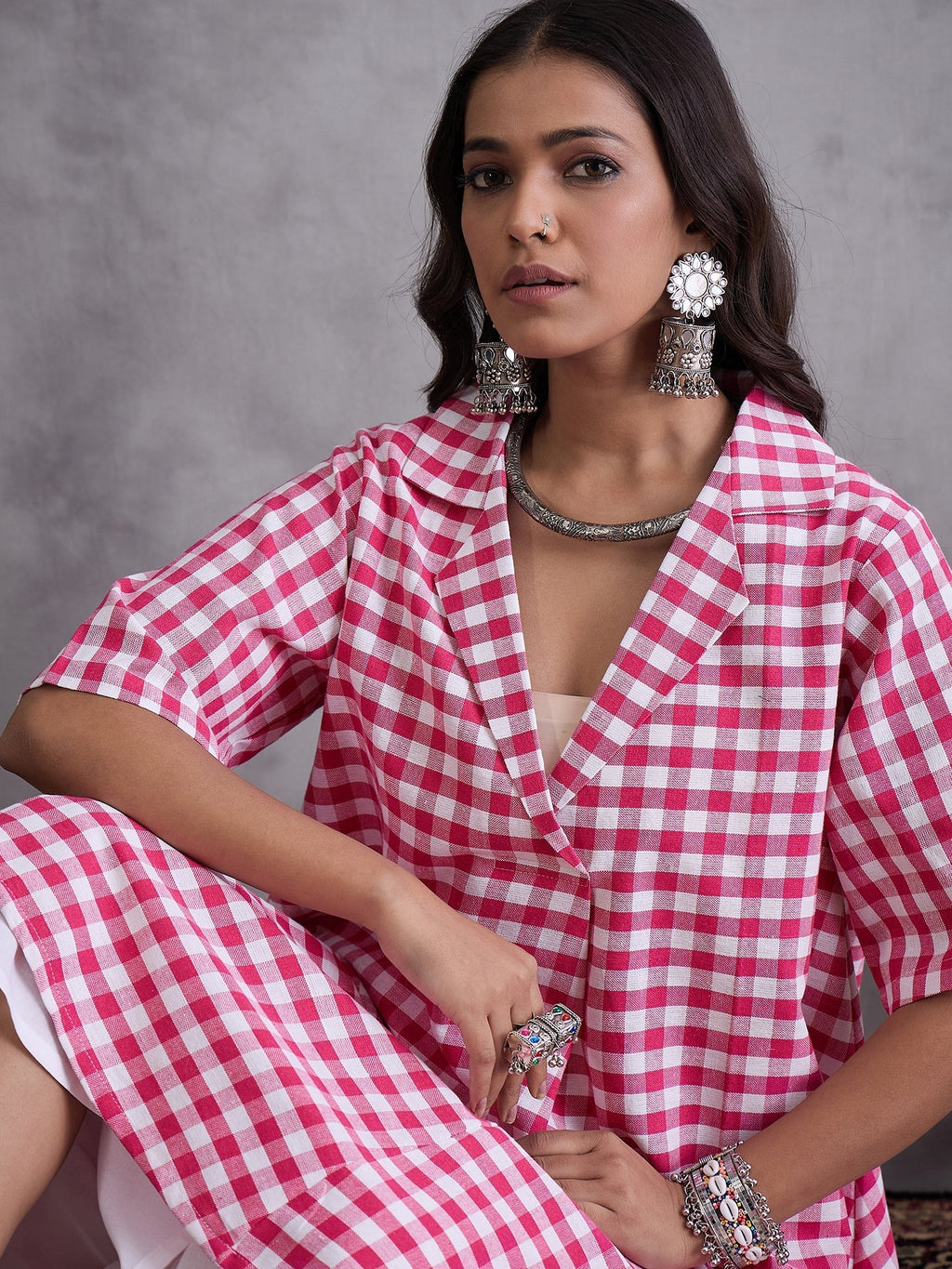 InWeave Pink Big Check Collar Palazzo Set | Grocsy