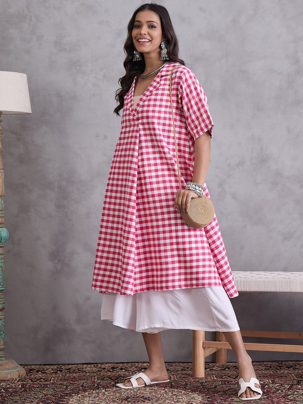 InWeave Pink Big Check Collar Palazzo Set | Grocsy