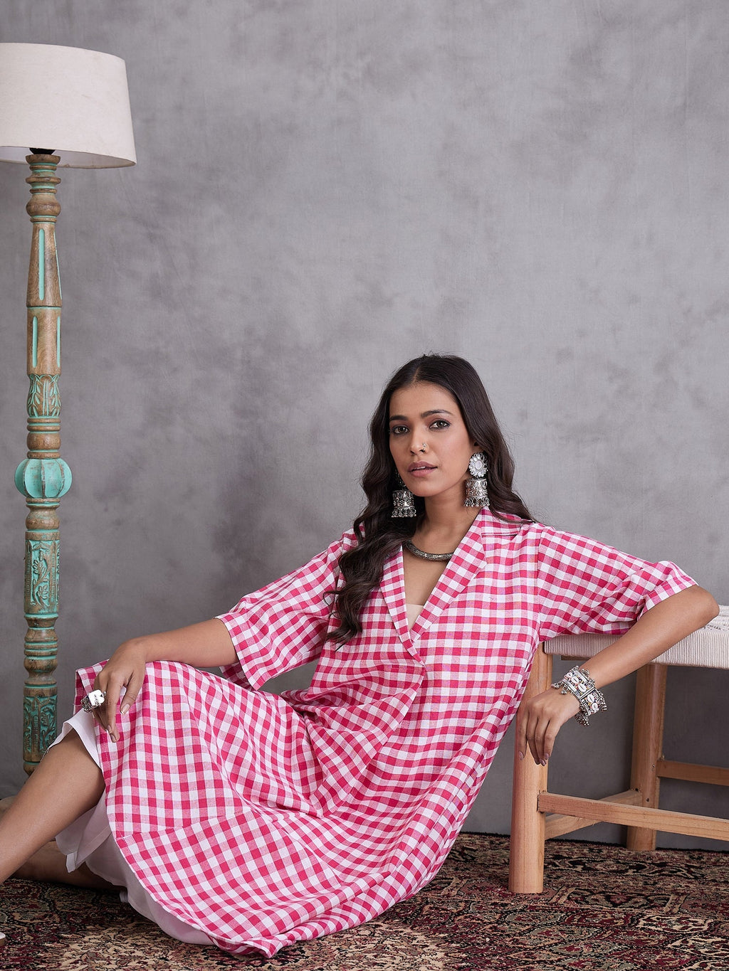 InWeave Pink Big Check Collar Palazzo Set | Grocsy