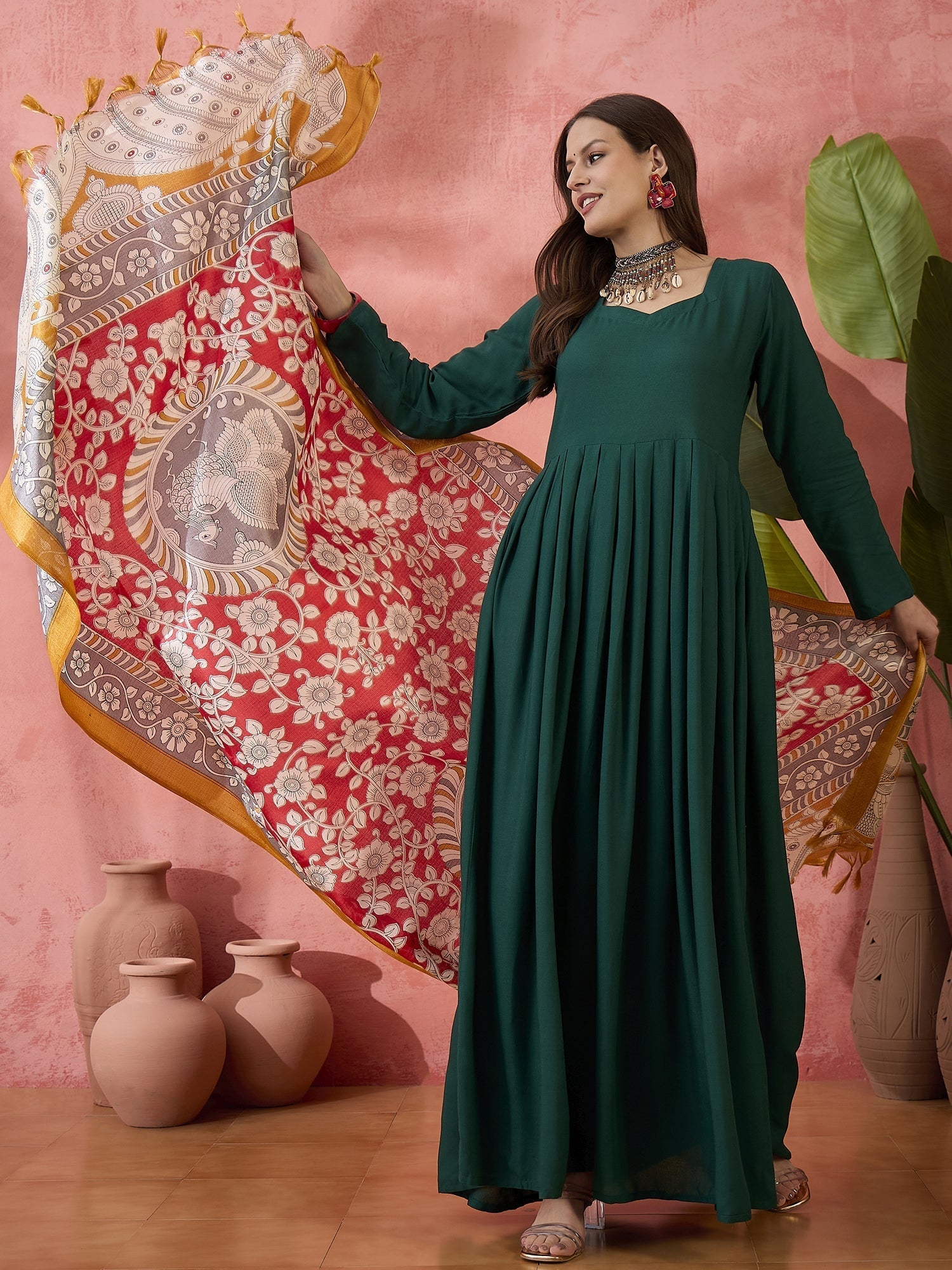 InWeave Green Sweetheart Kurta With Dupatta | Grocsy