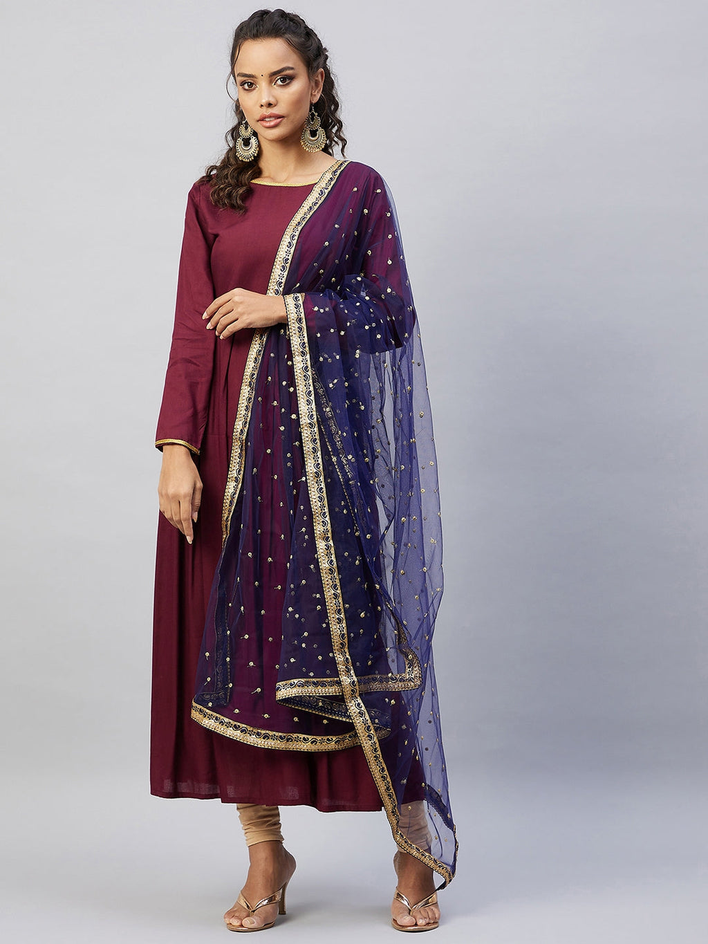 InWeave Women's Maroon Solid Long Kurta With Navy Net Dupatta | Grocsy