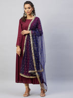 InWeave Women's Maroon Solid Long Kurta With Navy Net Dupatta | Grocsy