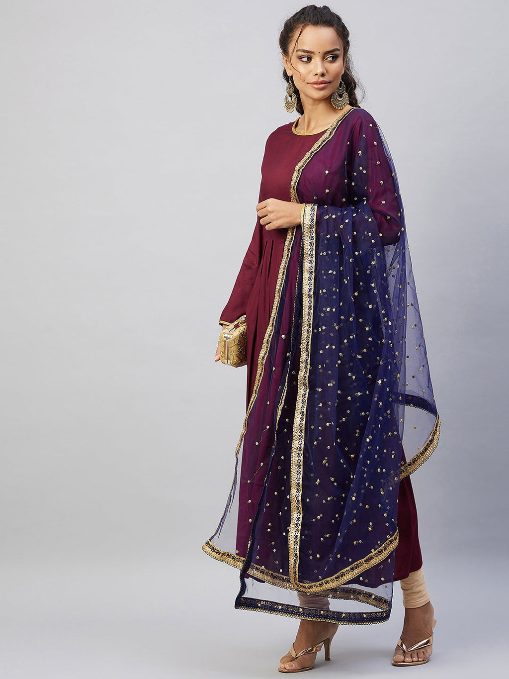 InWeave Women's Maroon Solid Long Kurta With Navy Net Dupatta | Grocsy