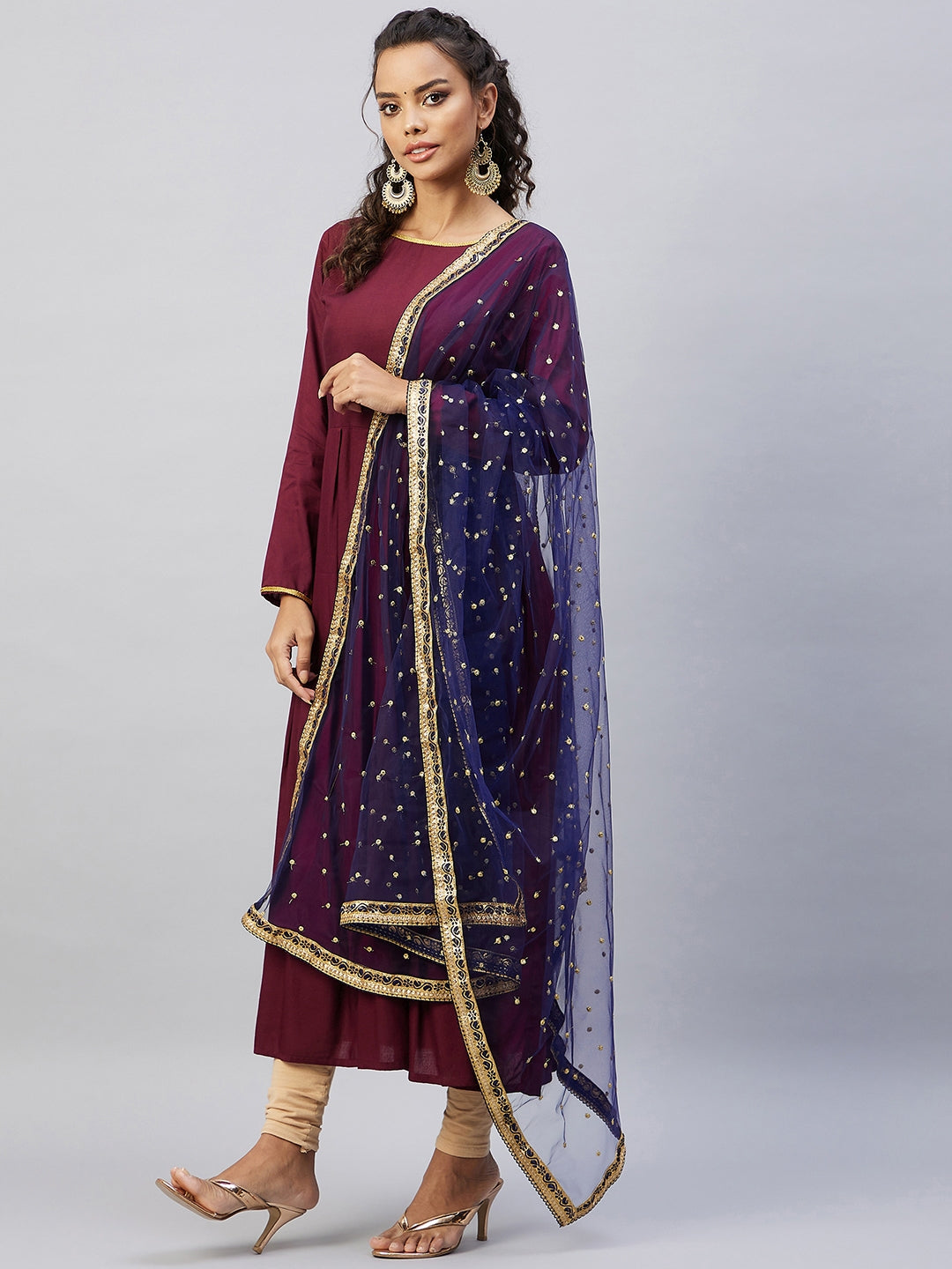 InWeave Women's Maroon Solid Long Kurta With Navy Net Dupatta | Grocsy