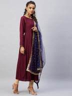 InWeave Women's Maroon Solid Long Kurta With Navy Net Dupatta | Grocsy