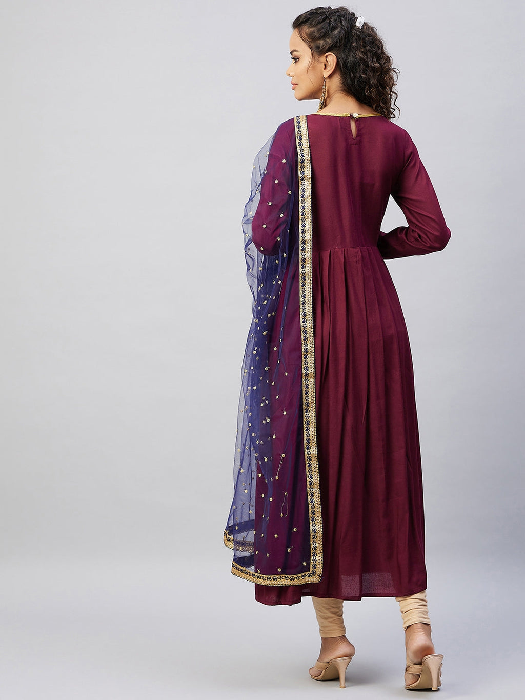 InWeave Women's Maroon Solid Long Kurta With Navy Net Dupatta | Grocsy