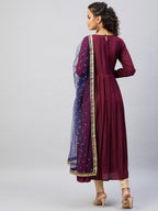 InWeave Women's Maroon Solid Long Kurta With Navy Net Dupatta | Grocsy