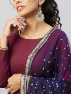 InWeave Women's Maroon Solid Long Kurta With Navy Net Dupatta | Grocsy