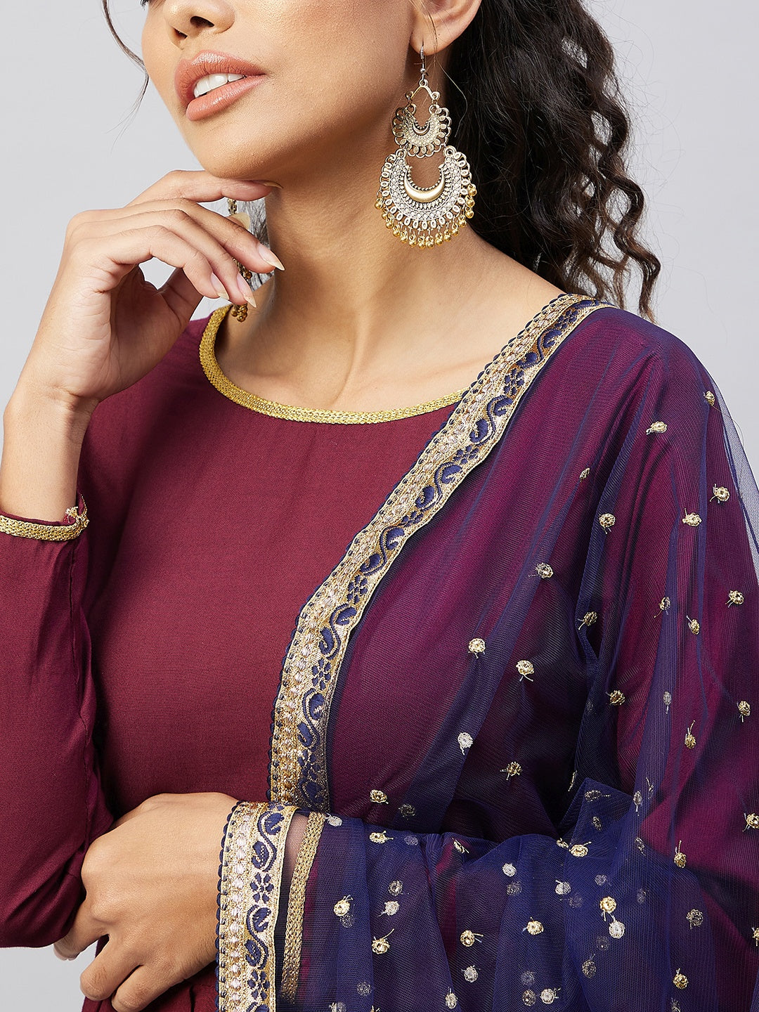 InWeave Women's Maroon Solid Long Kurta With Navy Net Dupatta | Grocsy