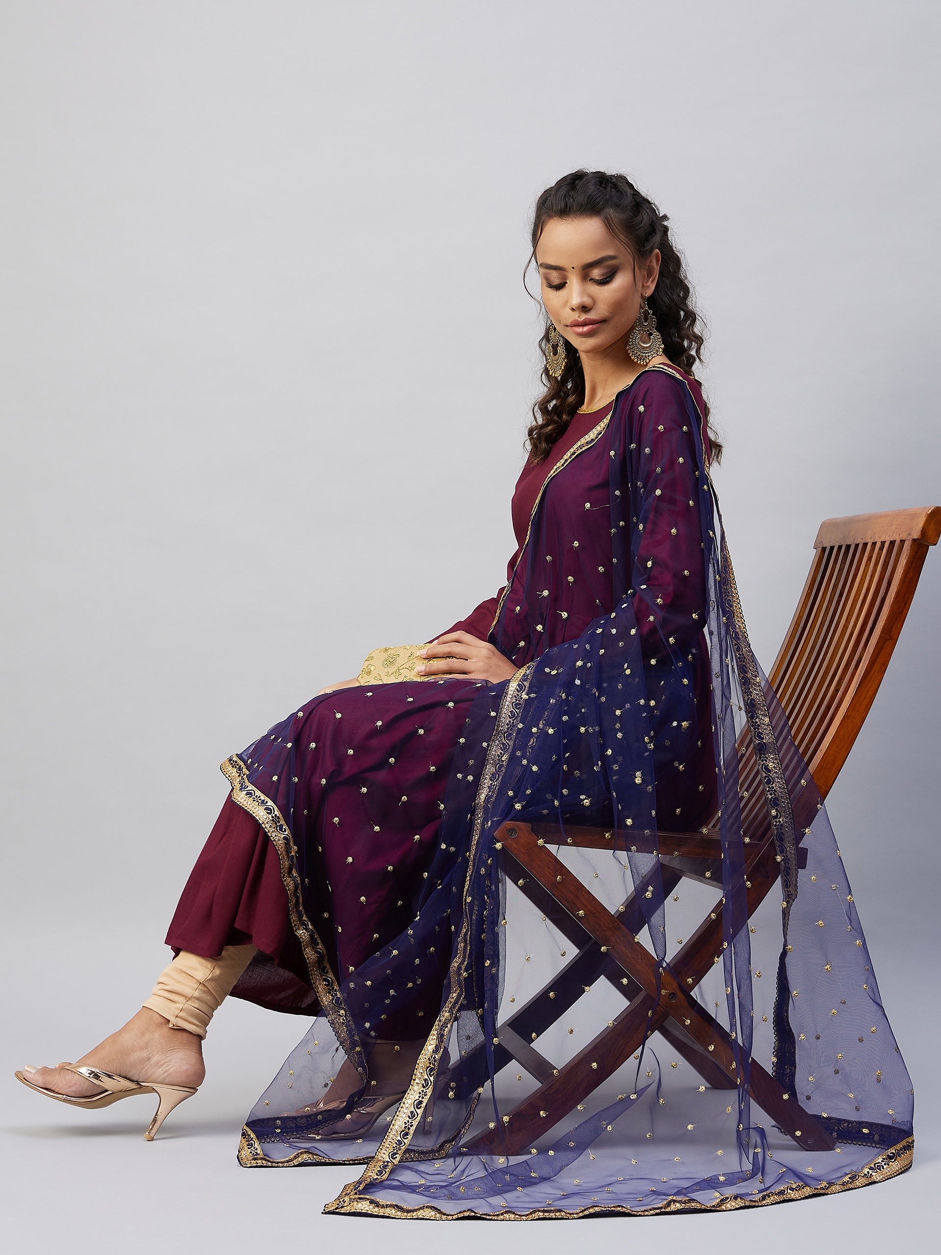 InWeave Women's Maroon Solid Long Kurta With Navy Net Dupatta | Grocsy