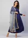 InWeave Women's Navy Solid Long Kurta With Light Blue Net Dupatta | Grocsy