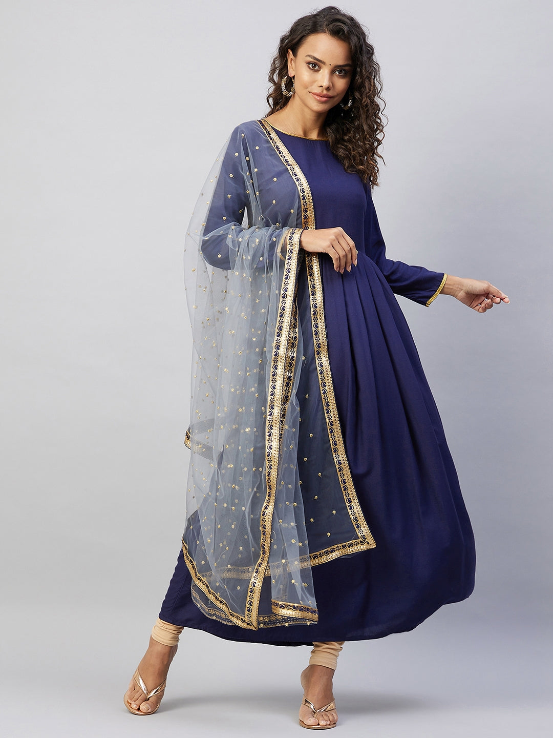InWeave Women's Navy Solid Long Kurta With Light Blue Net Dupatta | Grocsy