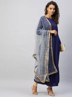 InWeave Women's Navy Solid Long Kurta With Light Blue Net Dupatta | Grocsy