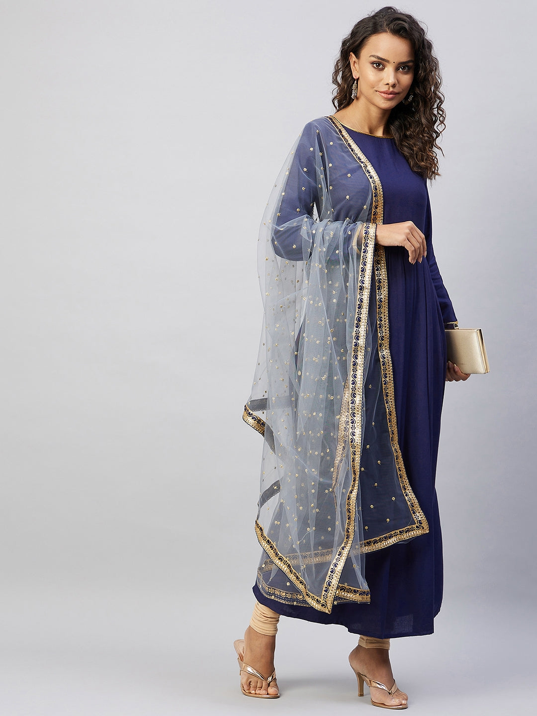 InWeave Women's Navy Solid Long Kurta With Light Blue Net Dupatta | Grocsy