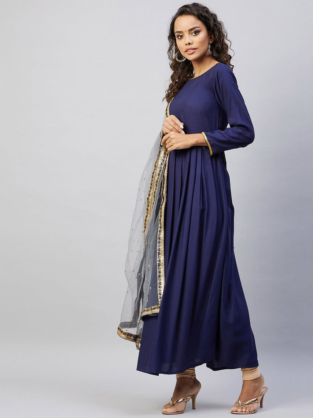 InWeave Women's Navy Solid Long Kurta With Light Blue Net Dupatta | Grocsy