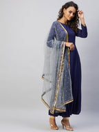 InWeave Women's Navy Solid Long Kurta With Light Blue Net Dupatta | Grocsy