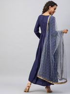 InWeave Women's Navy Solid Long Kurta With Light Blue Net Dupatta | Grocsy