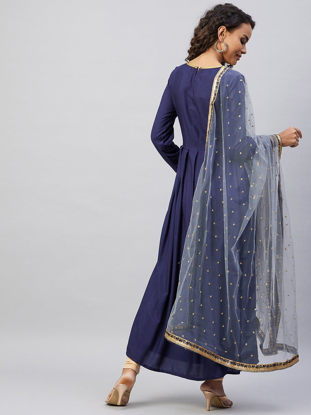 InWeave Women's Navy Solid Long Kurta With Light Blue Net Dupatta | Grocsy