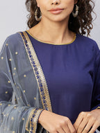 InWeave Women's Navy Solid Long Kurta With Light Blue Net Dupatta | Grocsy