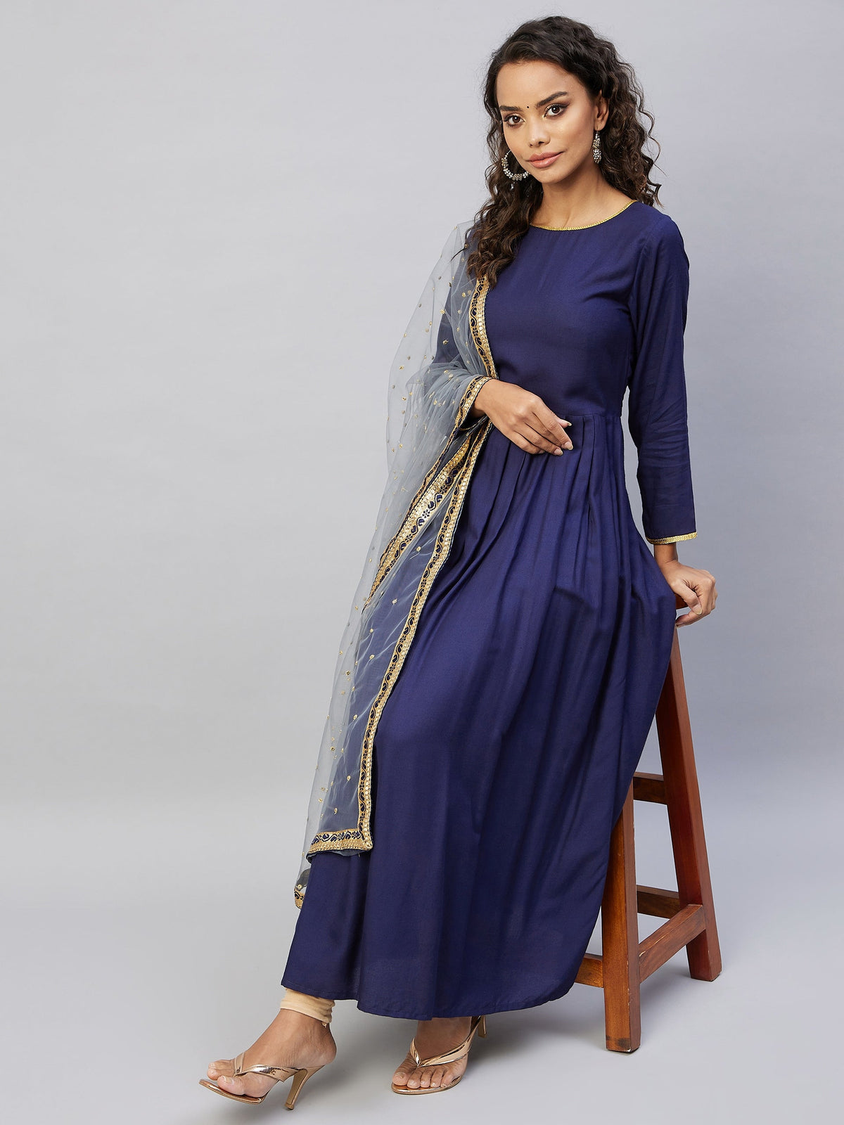InWeave Women's Navy Solid Long Kurta With Light Blue Net Dupatta | Grocsy