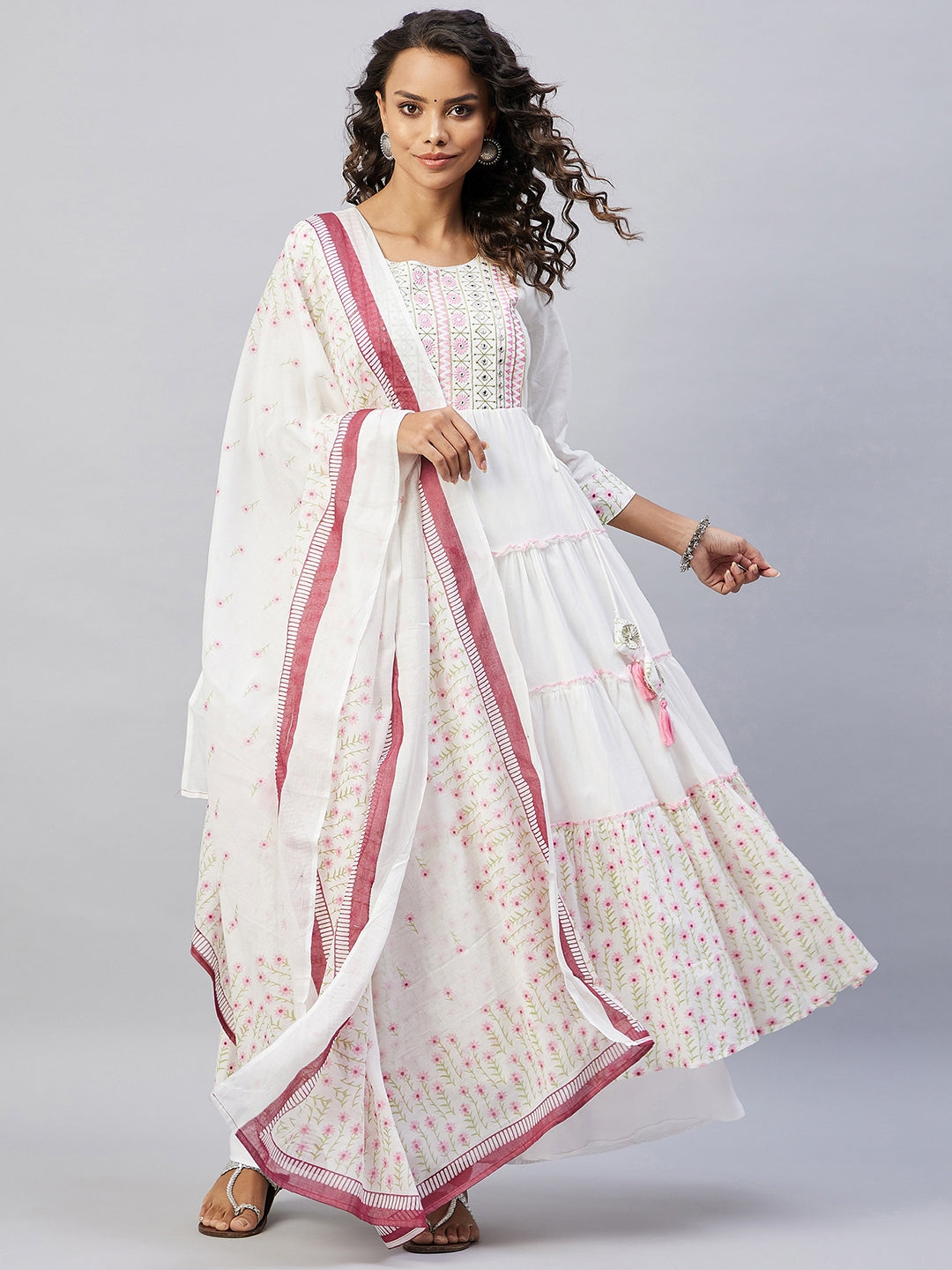 InWeave Women's Pink White Mirror Print Kurta With Dupatta | Grocsy