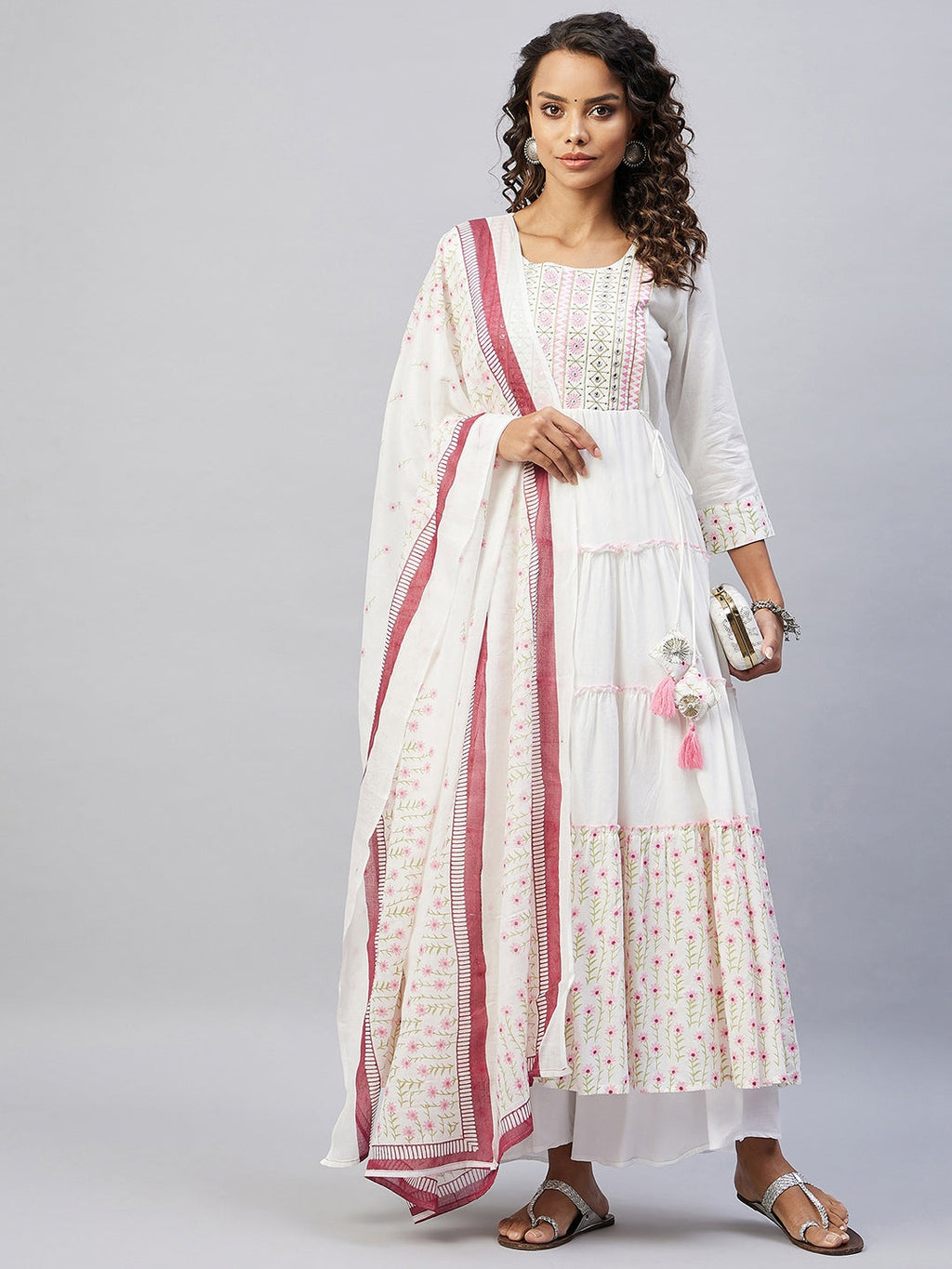 InWeave Women's Pink White Mirror Print Kurta With Dupatta | Grocsy