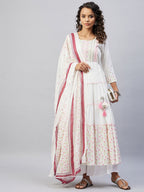 InWeave Women's Pink White Mirror Print Kurta With Dupatta | Grocsy