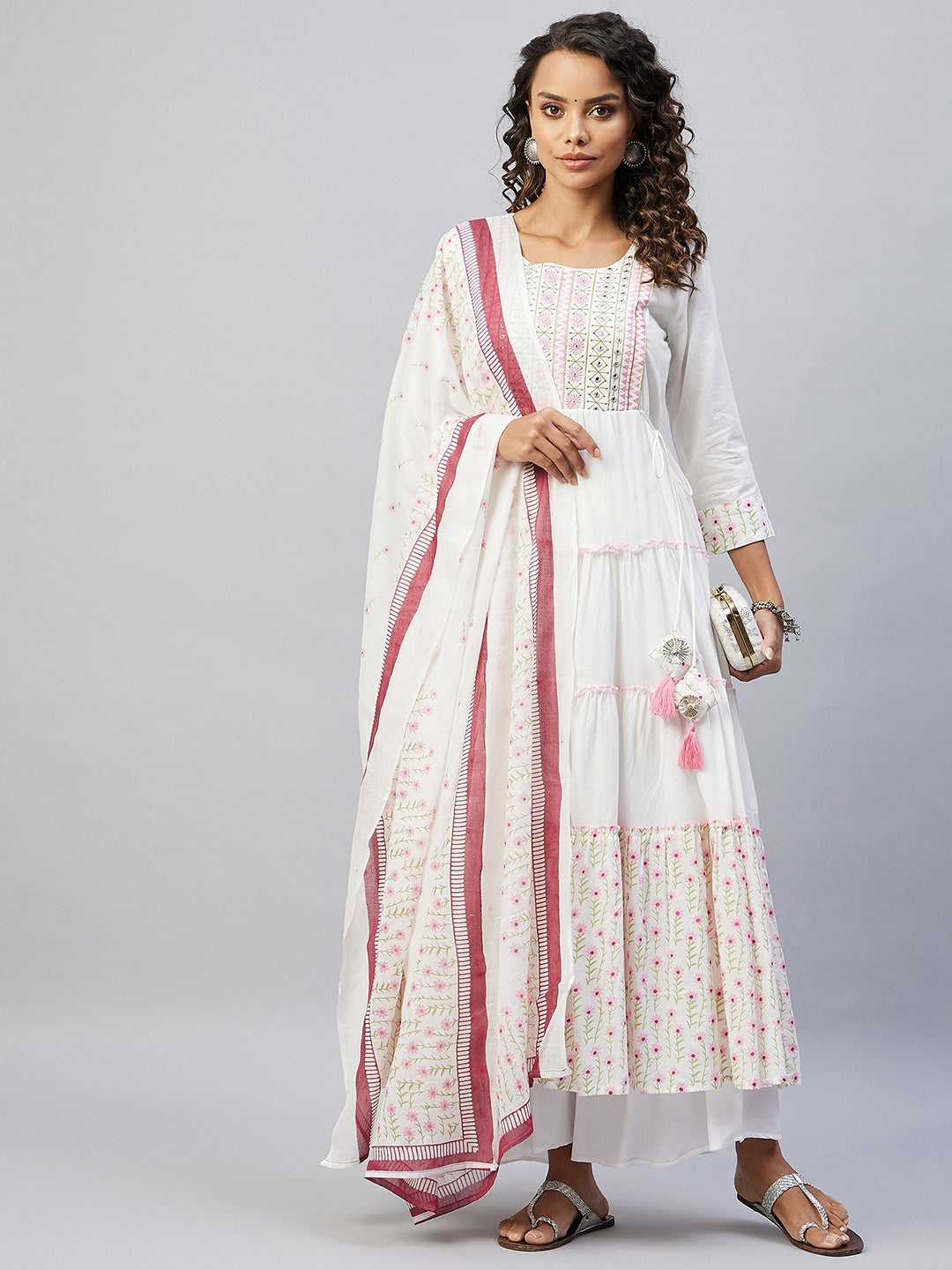 InWeave Women's Pink White Mirror Print Kurta With Dupatta | Grocsy