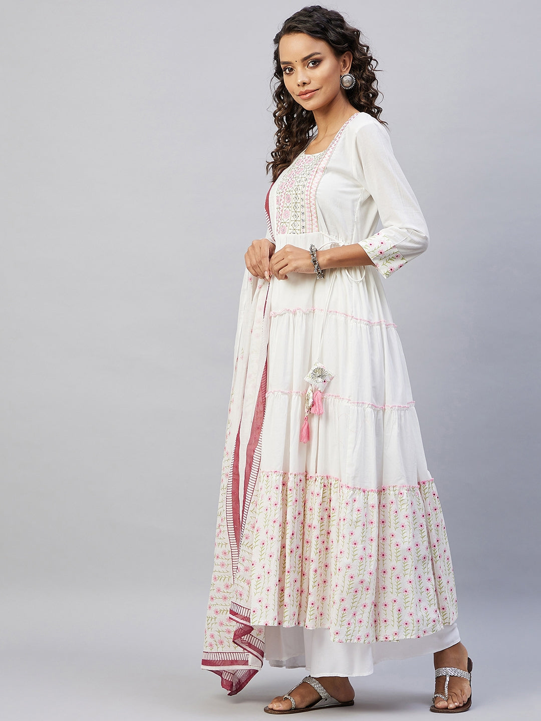 InWeave Women's Pink White Mirror Print Kurta With Dupatta | Grocsy