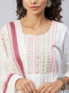 InWeave Women's Pink White Mirror Print Kurta With Dupatta | Grocsy