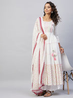 InWeave Women's Pink White Mirror Print Kurta With Dupatta | Grocsy