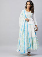 InWeave Women's Sky Blue White Mirror Print Kurta With Dupatta | Grocsy