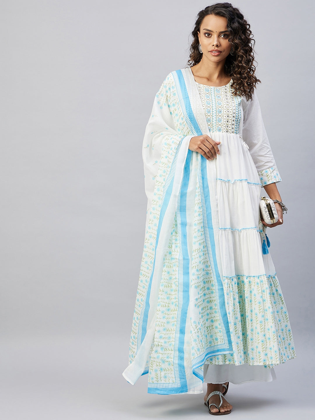 InWeave Women's Sky Blue White Mirror Print Kurta With Dupatta | Grocsy