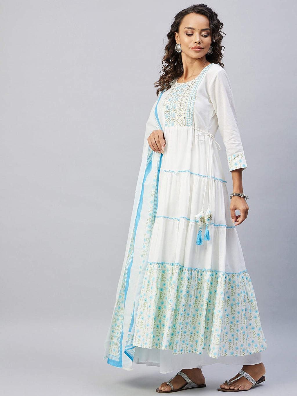 InWeave Women's Sky Blue White Mirror Print Kurta With Dupatta | Grocsy