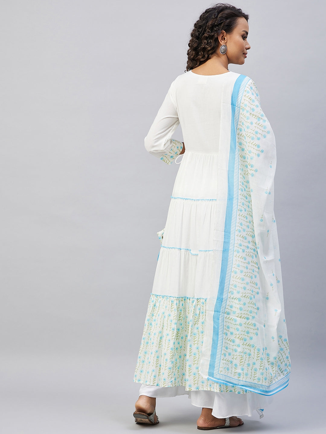 InWeave Women's Sky Blue White Mirror Print Kurta With Dupatta | Grocsy