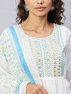 InWeave Women's Sky Blue White Mirror Print Kurta With Dupatta | Grocsy