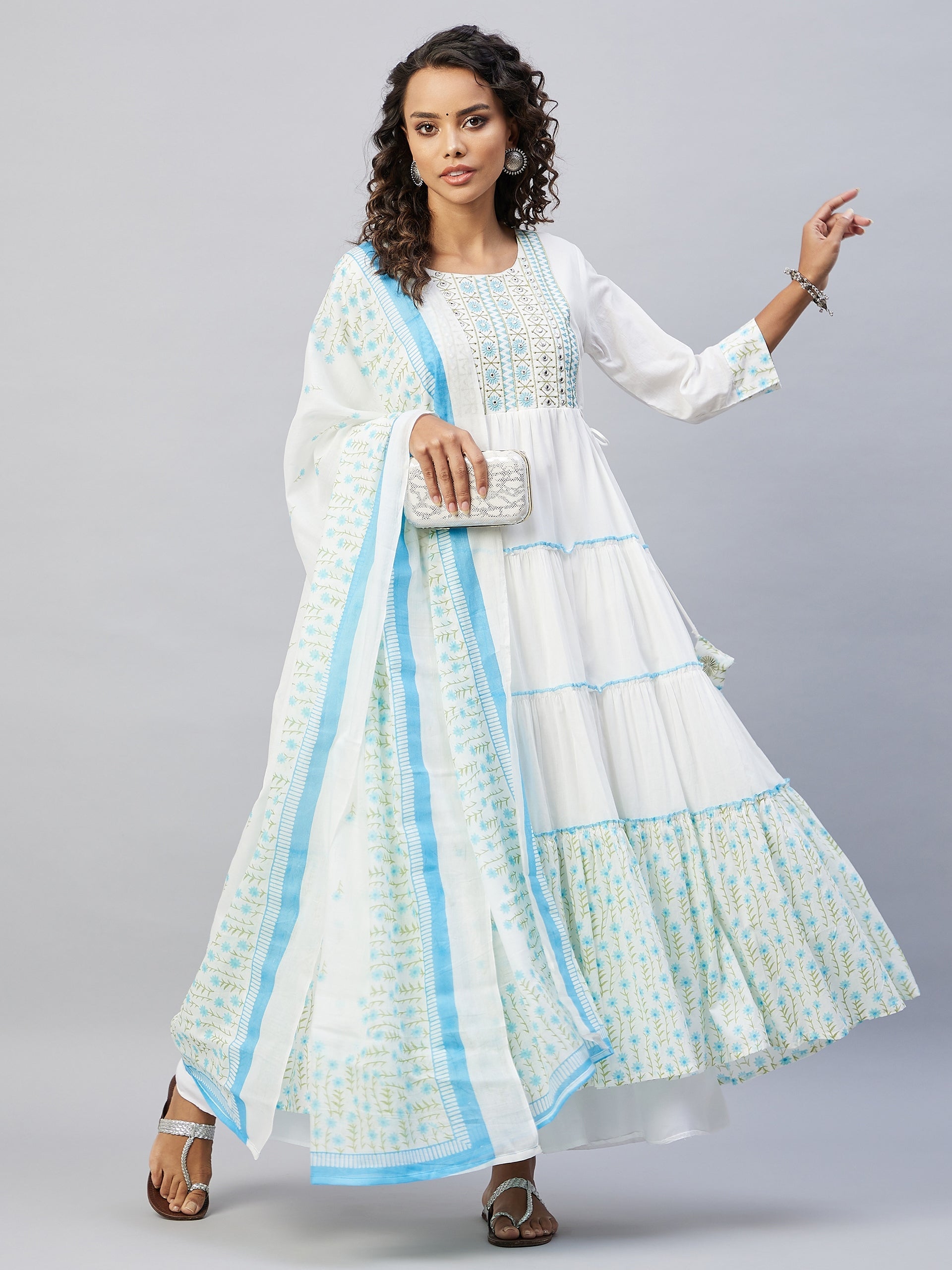 InWeave Women's Sky Blue White Mirror Print Kurta With Dupatta | Grocsy