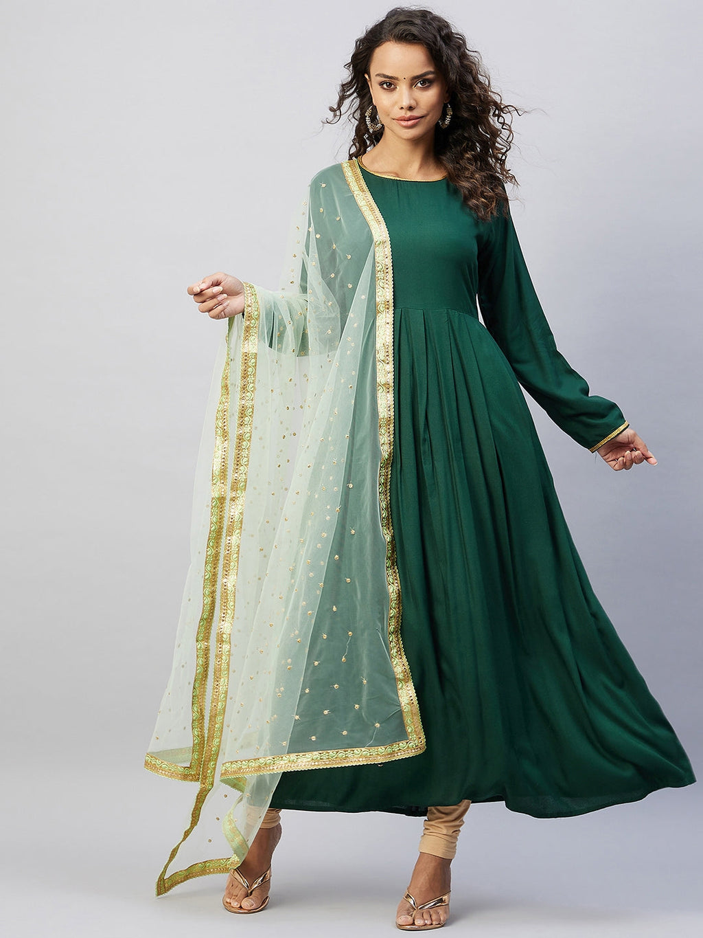 InWeave Women's Green Solid Long Kurta With Mint Green Net Dupatta | Grocsy