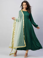 InWeave Women's Green Solid Long Kurta With Mint Green Net Dupatta | Grocsy