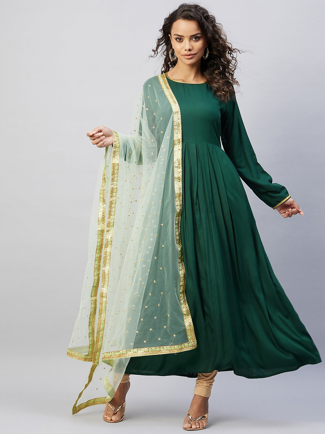 InWeave Women's Green Solid Long Kurta With Mint Green Net Dupatta | Grocsy