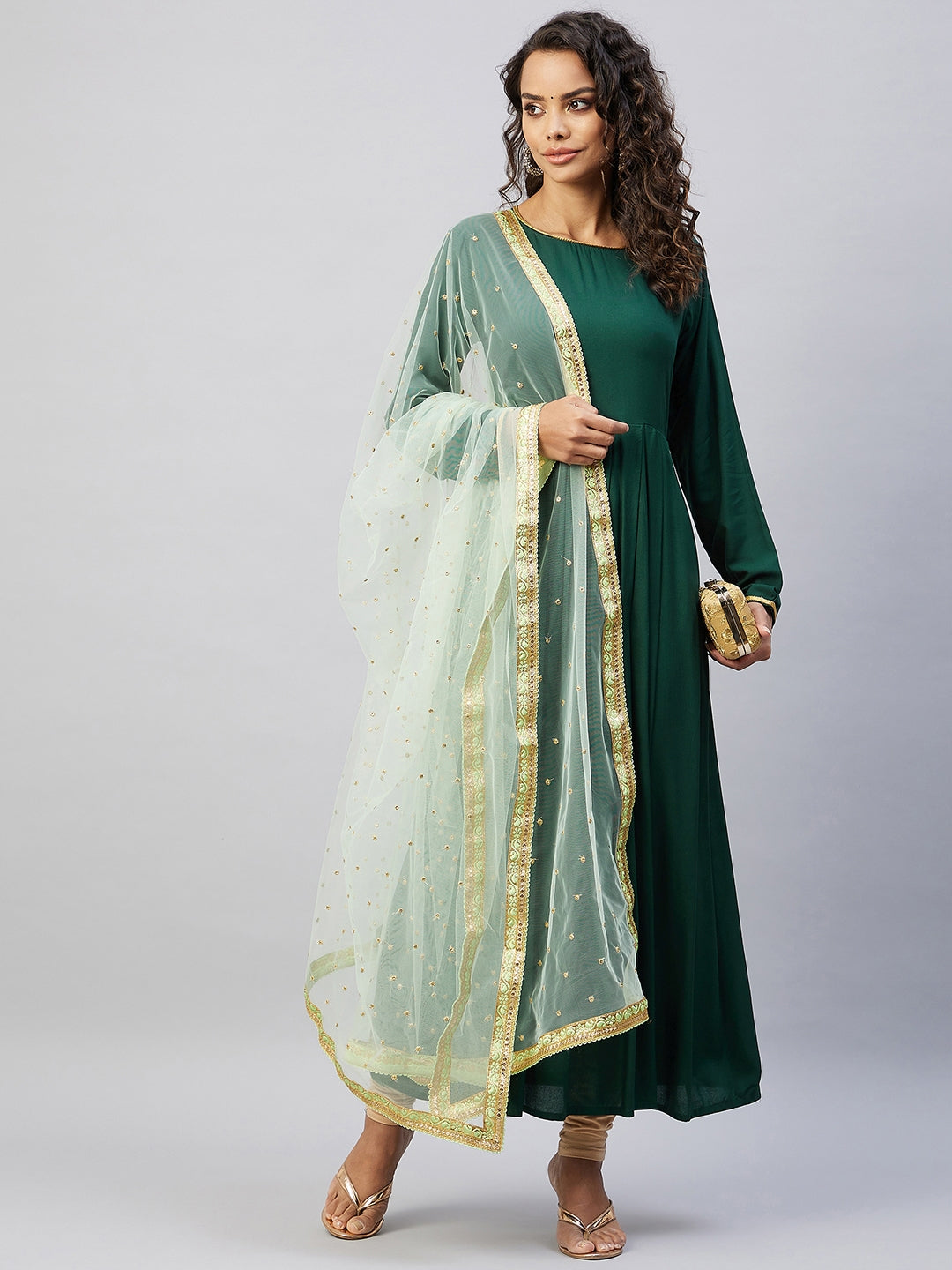 InWeave Women's Green Solid Long Kurta With Mint Green Net Dupatta | Grocsy
