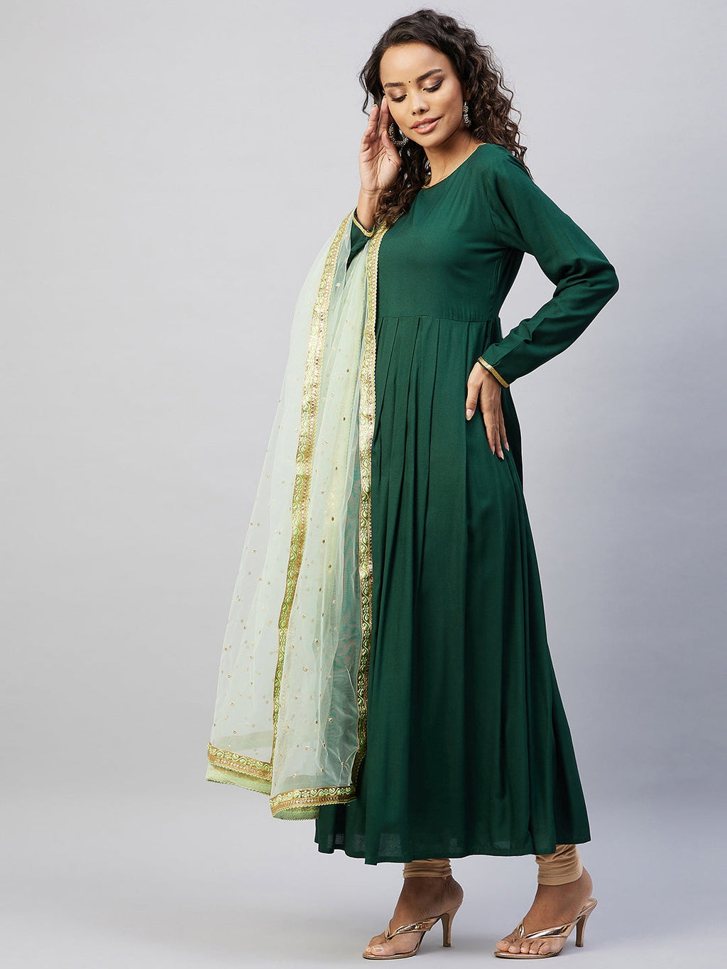 InWeave Women's Green Solid Long Kurta With Mint Green Net Dupatta | Grocsy
