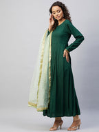 InWeave Women's Green Solid Long Kurta With Mint Green Net Dupatta | Grocsy
