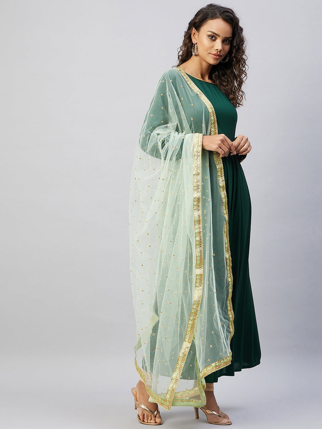 InWeave Women's Green Solid Long Kurta With Mint Green Net Dupatta | Grocsy