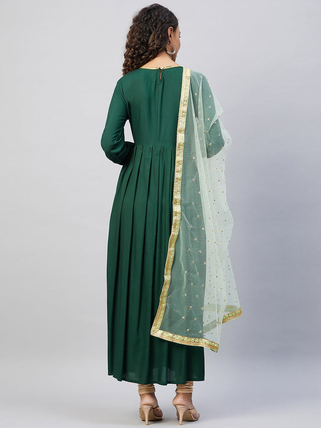 InWeave Women's Green Solid Long Kurta With Mint Green Net Dupatta | Grocsy